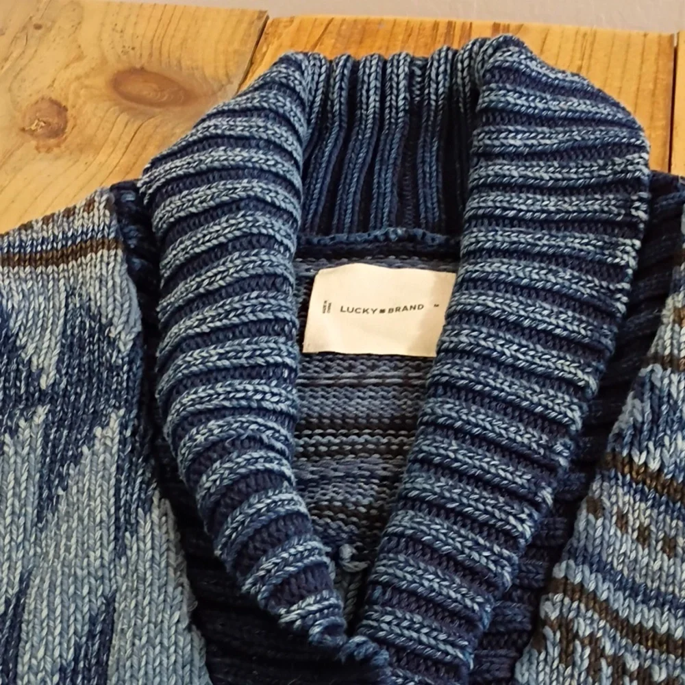 Lucky Brand Blue Heavy Knit Nordic Belted Cardigan Sweater Jacket Size M NWT - Picture 10 of 11